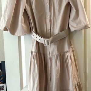 Beige Tiered Button-Front Dress with Belt